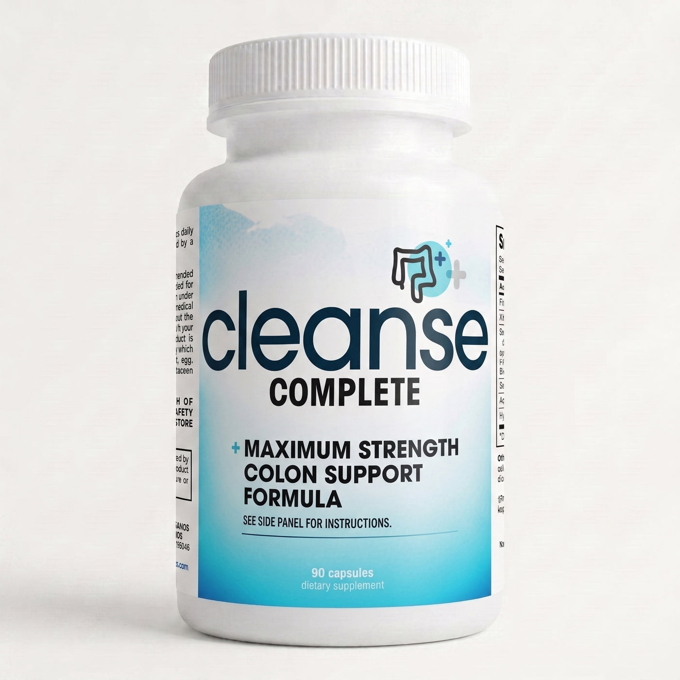 A container of CLEANSE Complete supplement, with label indicating 'Maximum Strength Colon Support Formula'. The container is white with blue and darker blue design elements and text.